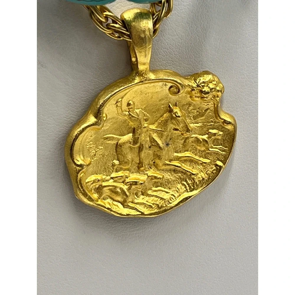Susan Shaw Gold Tone Faux Turquoise Stone Equestrian Medallion Necklace 17-20